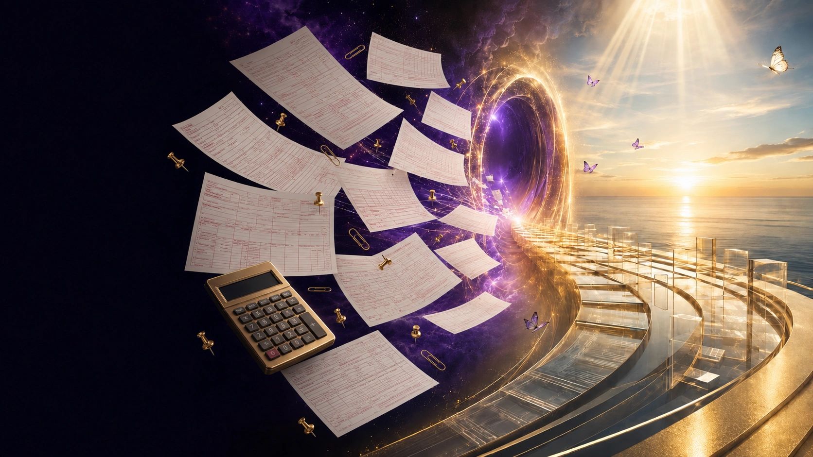 A golden bridge leading through a purple portal from healthcare revenue paperwork toward a bright horizon